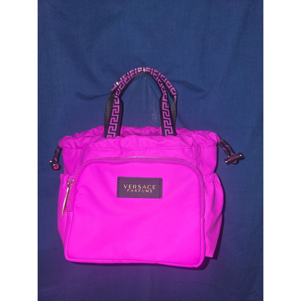 Versace Parfums Neon Pink Nylon Drawstring Tote Bag Greca Handles Rose Gold HW